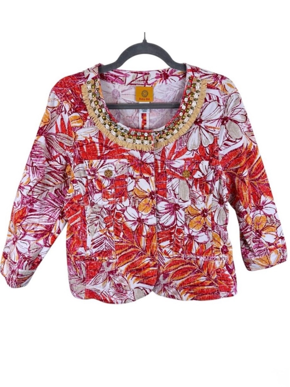 Ruby Rd. Colorful Floral Beaded Fringe Cotton Snap Up Stretch Jean Jacket Sz‎ 12